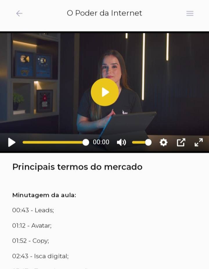 Aula sobre os principais termos do mercado digital no treinamento O Poder da Internet acompanhado por Luan Felipe