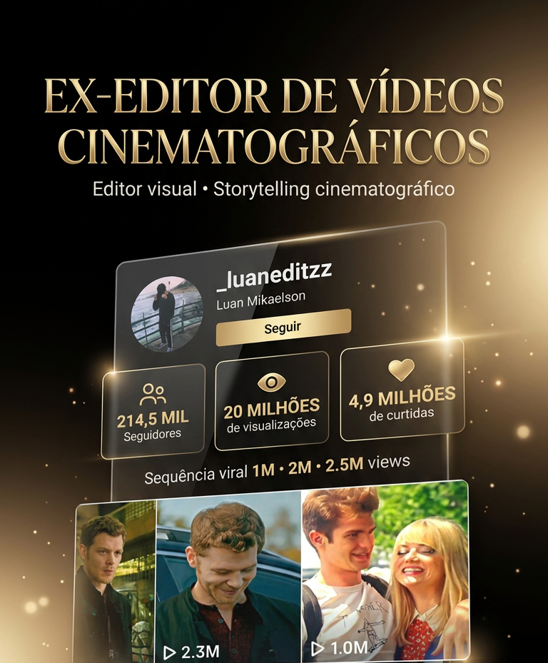 Resultados como editor de vídeos cinematográficos para TikTok: 214,5 mil seguidores e 4,9 milhões de curtidas